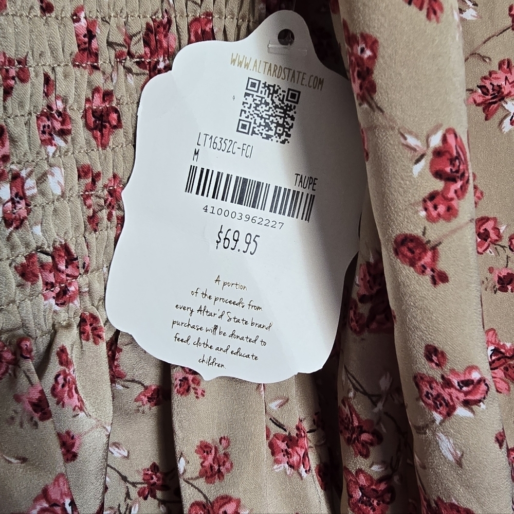Altar'd State Rose Taupe Floral Print Smocked Long Sleeve Top NEW - Picture 4 of 8